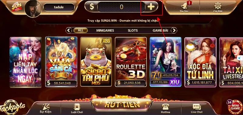 Chọn dấu cộng để tiến hành nạp tiền vào tài khoản cổng game